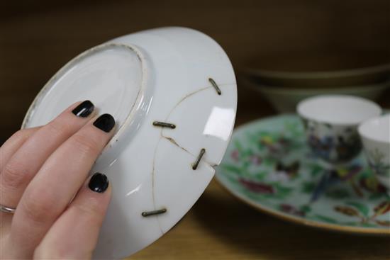 Two Chinese tea bowls , Cantonese cup and saucer, plate and two dishes